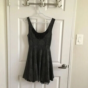 Free People  Mini Dress XS Lace Beaded Floral Gray Black Sleeveless Fit Flare